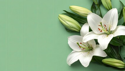 Fototapeta premium Elegant white lilies with green buds arranged on a pale green background, leaving ample space to the left