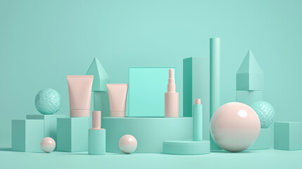A horizontal cosmetic mockup, centered on a pastel turquoise surface.