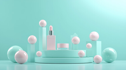 A horizontal cosmetic mockup, centered on a pastel turquoise surface. 