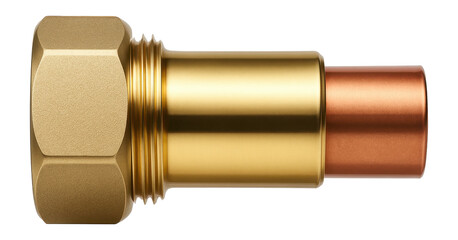 Brass compression fitting with a hexagonal nut for connecting copper pipes in kitchens.