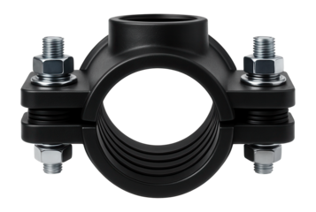 Polyethylene pipe saddle with a bolt-on design for agricultural water supply systems.