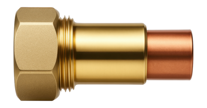 Brass compression fitting with a hexagonal nut for connecting copper pipes in kitchens.