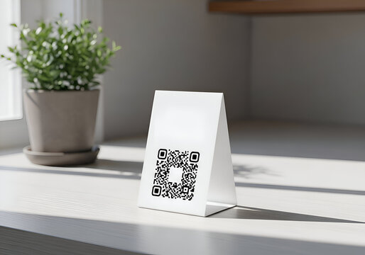 QR Code Sign on Countertop with Plant