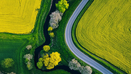 aerial view of spring landscape with winding road and stream cutting through fields and patches of green grass and flowering trees