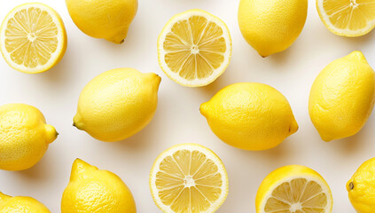 pattern background of flat lay of fresh bright yellow lemons