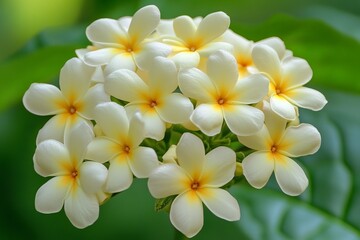 Close-up of a cluster of pale yellow plumeria flowers