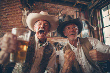 two men in cowboy hats cheering with beer in a cozy rustic pub