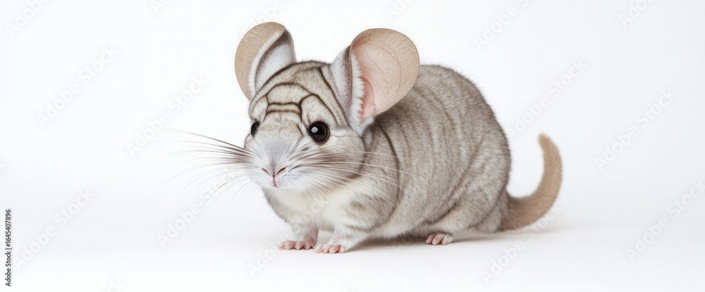 Poster a charming light grey chinchilla rests calmly on a pristine white background. its soft fur and strik