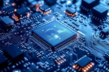 Close-up of a computer circuit board with a central processor chip