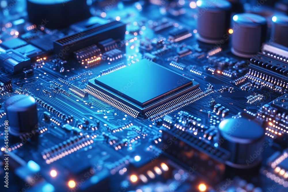 Fototapete close-up of a computer circuit board with central processor chip