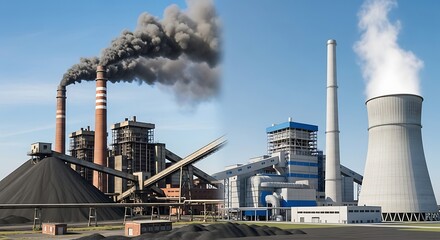 Industrial complex spewing smoke into the air, a visual representation of pollution and environmental concern. Showing the detrimental effects on the atmosphere