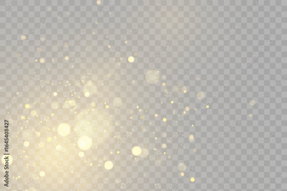 Poster gold dust light bokeh. christmas glowing bokeh and glitter overlay texture for your design on a tran