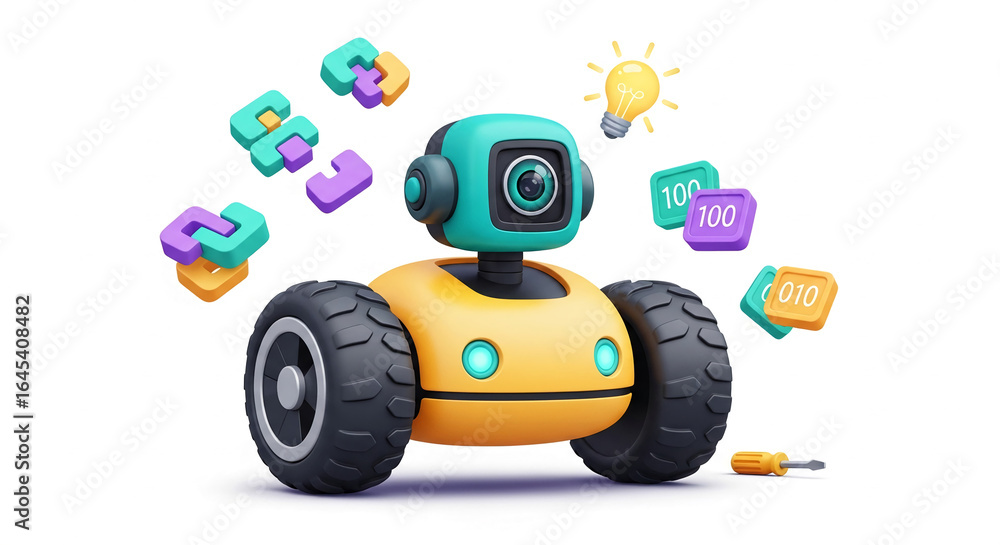 Poster yellow and teal robot with large wheels, surrounded by colorful blocks and a lightbulb, symbolizing 