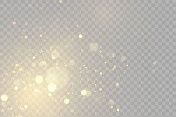 Gold dust light bokeh. Christmas glowing bokeh and glitter overlay texture for your design on a transparent background. Golden particles abstract vector background.