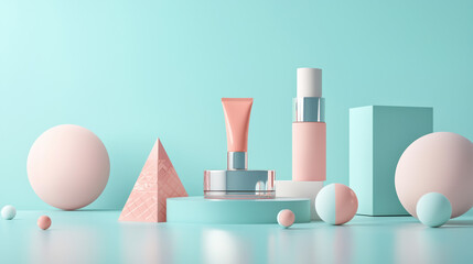 A horizontal cosmetic mockup, centered on a pastel turquoise surface. 
