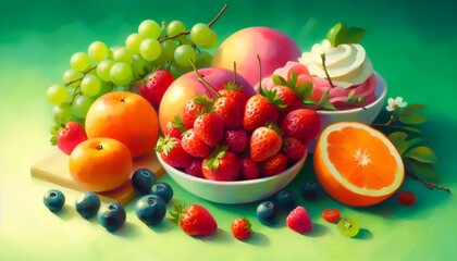  vibrant still life featuring an abundant arrangement of fresh summer fruits against a bright green gradient background