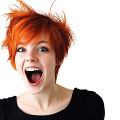 Redhead girl with short hair shouts excitedly black background, isolated on a transparent background