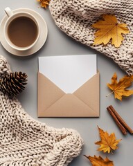 Autumn-themed branding marketing mockup, blank white A4 paper, kraft envelope, golden maple leaves, pinecones, cinnamon sticks, beige knitted scarf, soft shadows, top-down view, elegant warm tone