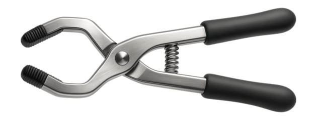 Stainless steel test tube clamp with a spring mechanism for secure handling of hot tubes.