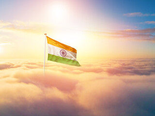 India national flag aerial view clouds in beautiful sky. Top view. Drone. Aerial bird's eye fly...