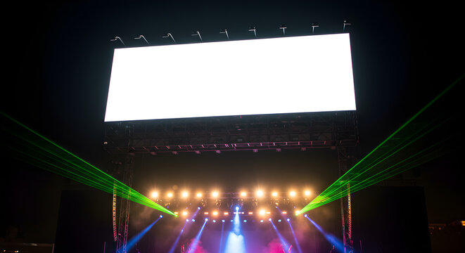 A large blank white screen mockup above a concert stage with a colorful light and laser show at night. - Powered by Adobe