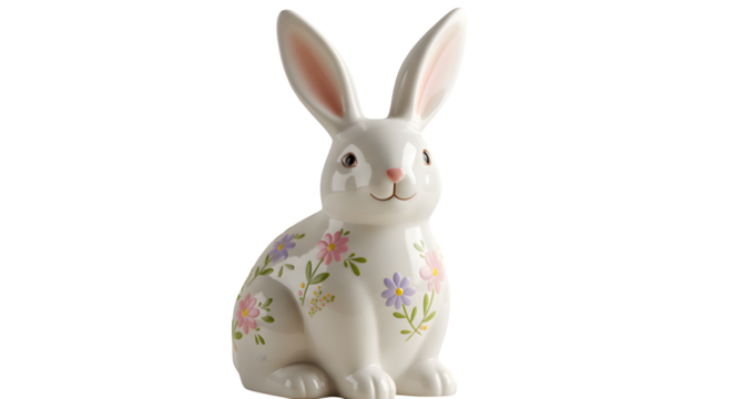 White ceramic rabbit figurine with flower decals sits in light, for product staging, social media, and branding mockups.
