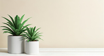 Fototapeta premium Two Green Potted Plants in White Pots on Wooden Table
