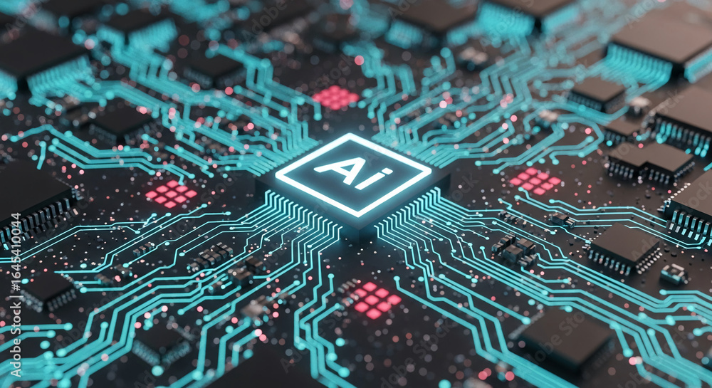 Poster close-up of glowing ai symbol on circuit board, showcasing complex technology and digital innovation