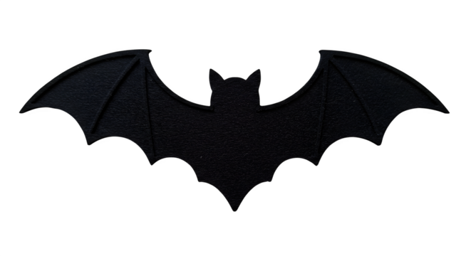 Black textured bat silhouette levitates on black. Great for Halloween designs, posters, branding, or spooky social media posts.