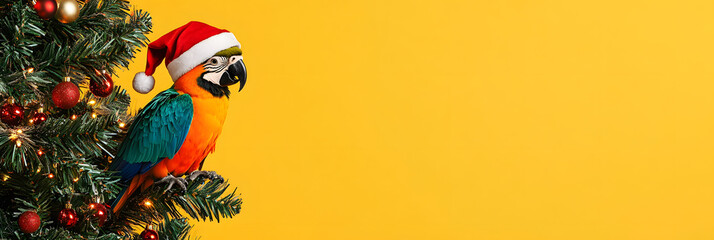 Colorful Blue-and-Yellow Parrot Wearing Santa Hat on Decorated Christmas Tree against Yellow Background