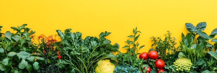 Intricate variety of plants and vegetables growing lushly in a well-maintained suburban community garden wide banner - yellow background