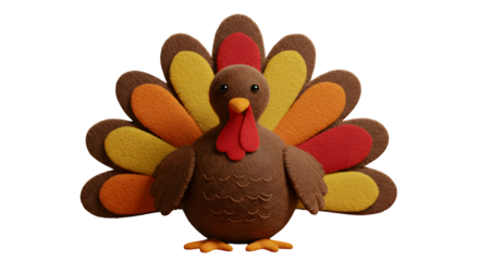 Soft, plush turkey sits on black. It is ideal for Thanksgiving posters, banners, and holiday marketing.