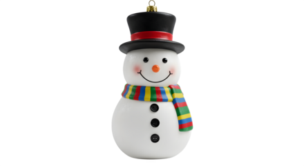 Glossy white snowman ornament with a black top hat and colorful scarf poses against a black backdrop for festive Holiday displays.