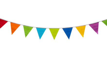 Rainbow pennant flags on a white string, floats on black background, is used for party themes, social media, and posters.
