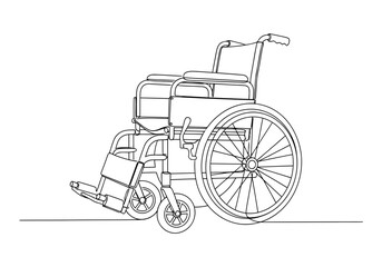 Vector art of continuous line drawing of a wheelchair isolated on white background, symbolizing mobility and assistance for people with disabilities