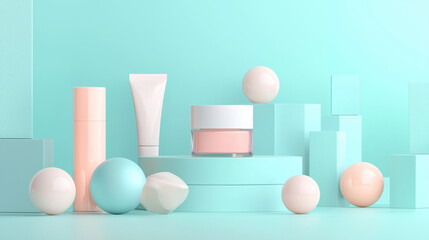 A horizontal cosmetic mockup, centered on a pastel turquoise surface. 