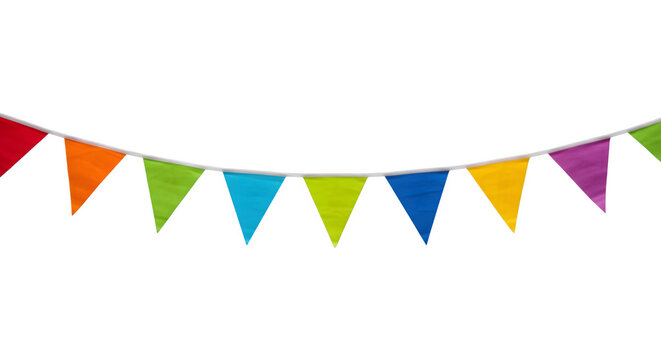 Rainbow pennant flags on a white string, floats on black background, is used for party themes, social media, and posters.