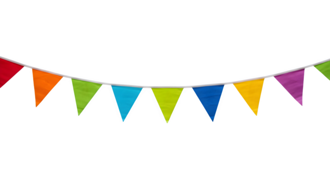 Rainbow pennant flags on a white string, floats on black background, is used for party themes, social media, and posters.
