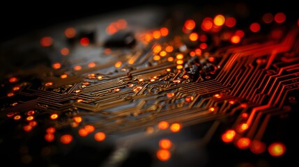 Obraz premium Close-up view of illuminated circuit board pathways.