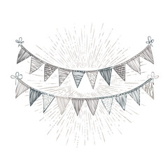 Vintage engraving vector style illustration of decorative bunting and garlands