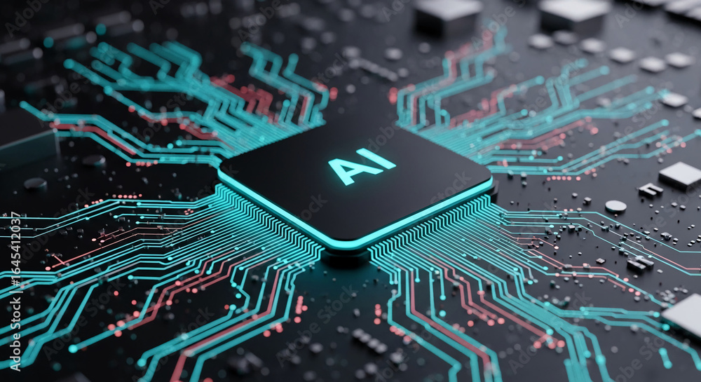 Aufkleber close-up of glowing teal circuit board with central ai processor, showcasing technological advanceme