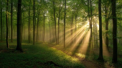 Obraz premium Rays of Sunlight in a Green Forest – Tall Trees, Sunbeams Filtering Through Leaves, Enchanting Serene Landscape with Lush Foliage, Captured in High Resolution