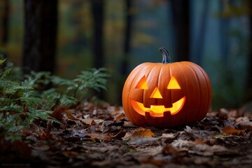 Carved illuminated pumpkin rests on fallen leaves in a dark autumnal forest