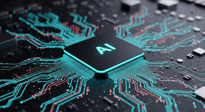 Close-up of glowing teal circuit board with central AI processor, showcasing technological advancement and artificial intelligence concept