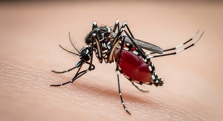 Close-Up Image of a Mosquito Sucking Blood from Human Skin with Detail on Its Proboscis