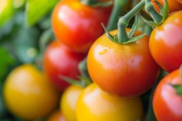 Close-up of ripe, vibrant tomatoes on the vine