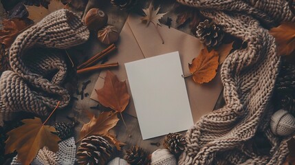 Autumn-themed branding marketing mockup, blank white A4 paper, kraft envelope, golden maple leaves, pinecones, cinnamon sticks, beige knitted scarf, soft shadows, top-down view, elegant warm tone