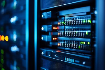 Close-up of server rack with illuminated components