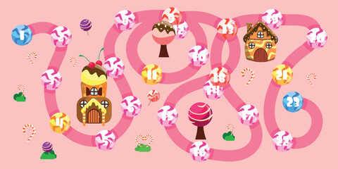 Obraz premium Vector illustration of a beautiful children's game, sweet maze. Cartoon maze with winding road, candy: numbers, houses, trees, lollipops, sugar cane, cakes, isolated on pink background. Candy land.