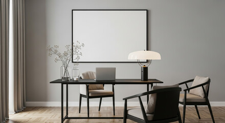 Modern minimalist interior design with blank frame mockup, featuring a table, chairs, lamp, vase, plant, and laptop in a stylish home office setting